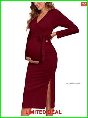 Rib Knit Maternity Nursing Dress Knot Side Long Sleeve V Neck Wrap Maxi